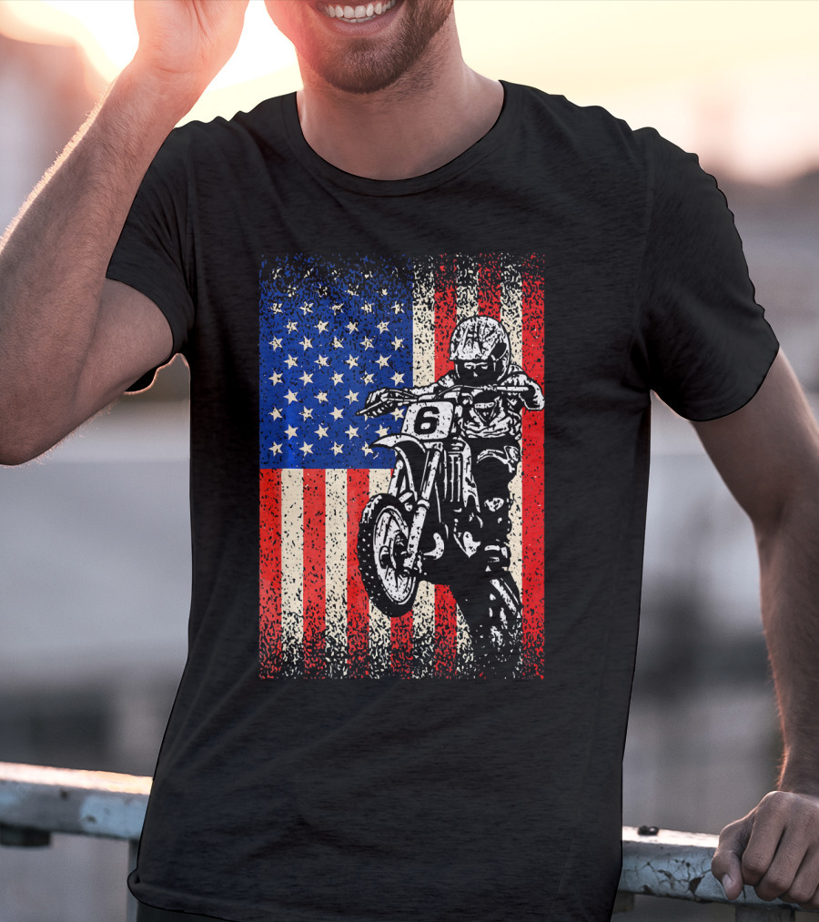 Dirt Bike American Flag Motocross Biker Number 6 T-Shirt