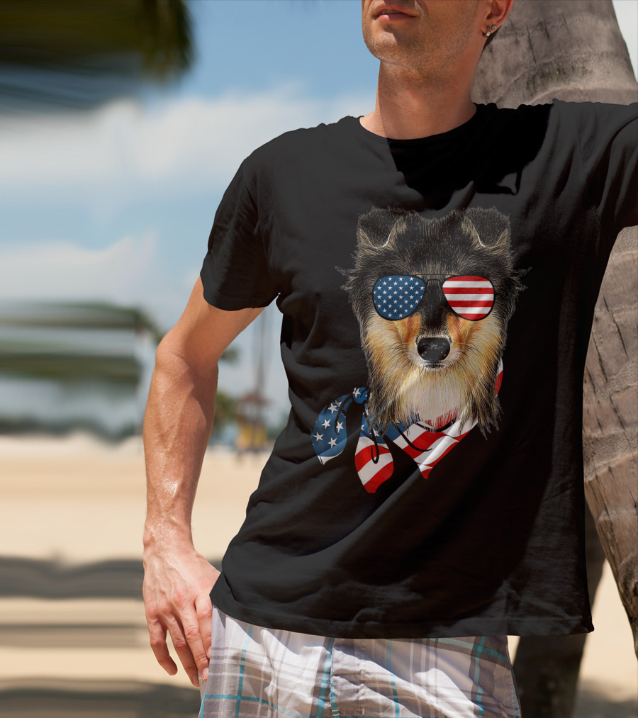 Sheltie Dog With American Flag Sunglasses And Bandana Patriotic T-Shirt
