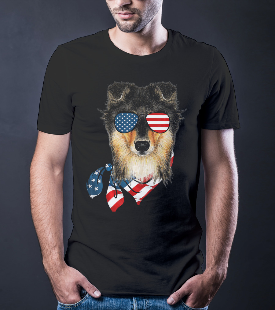 Sheltie Dog With American Flag Sunglasses And Bandana Patriotic T-Shirt