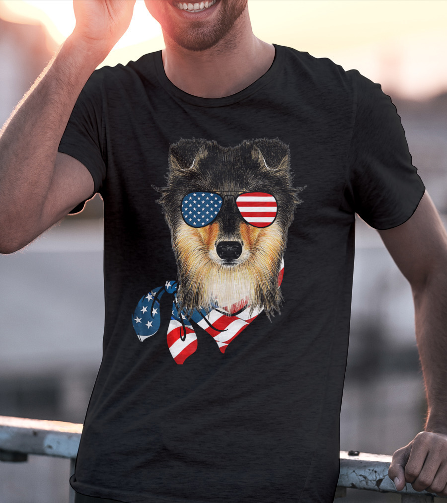Sheltie Dog With American Flag Sunglasses And Bandana Patriotic T-Shirt