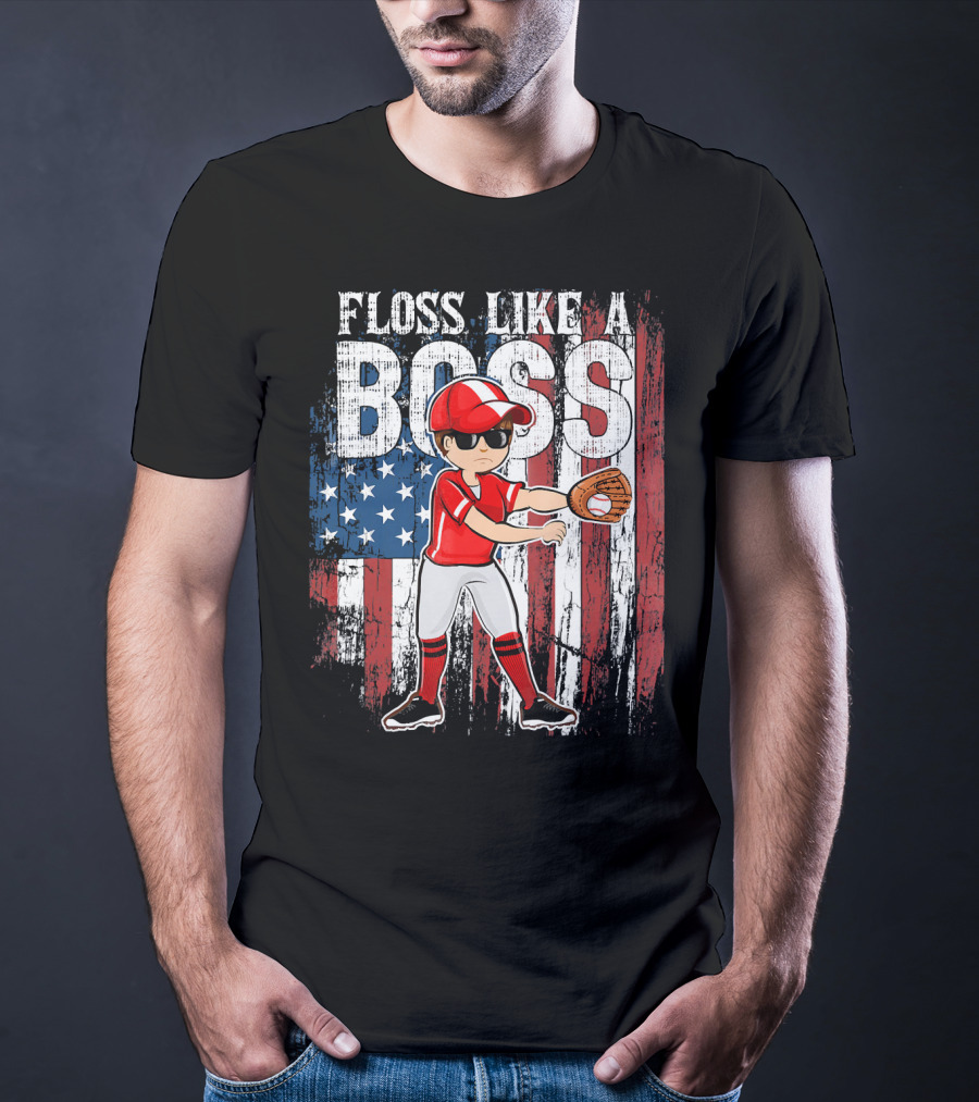 Floss Like A Boss American Baseball Spirit With Flag Background T-Shirt