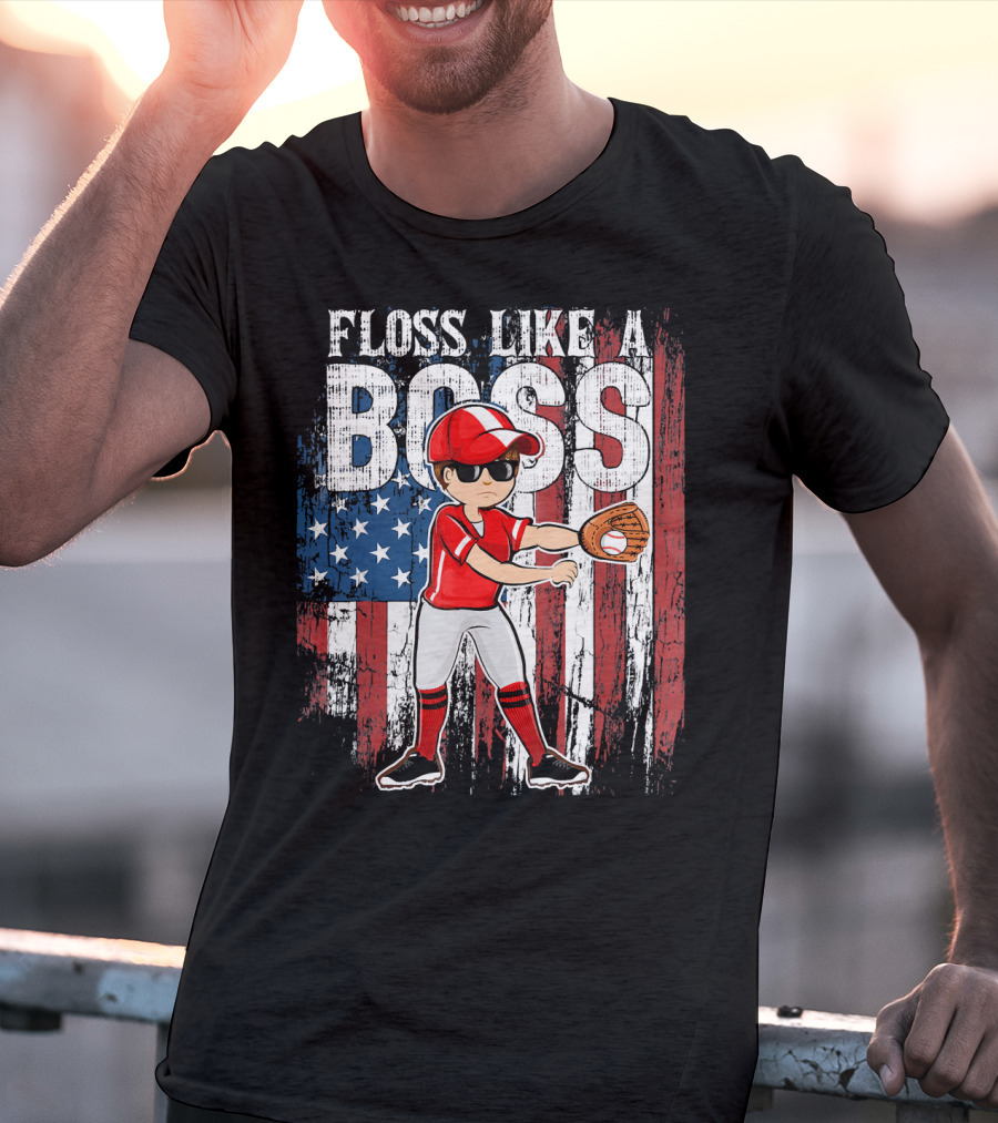 Floss Like A Boss American Baseball Spirit With Flag Background T-Shirt