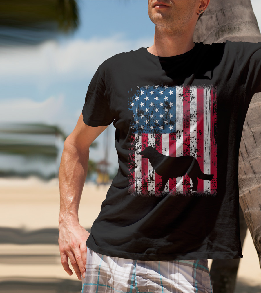 Golden Retriever Silhouette Over American Flag USA T-Shirt