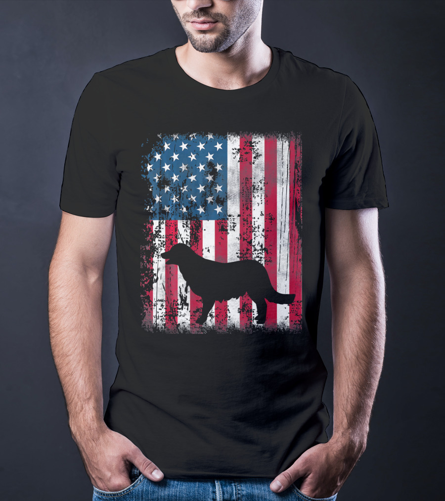 Golden Retriever Silhouette Over American Flag USA T-Shirt