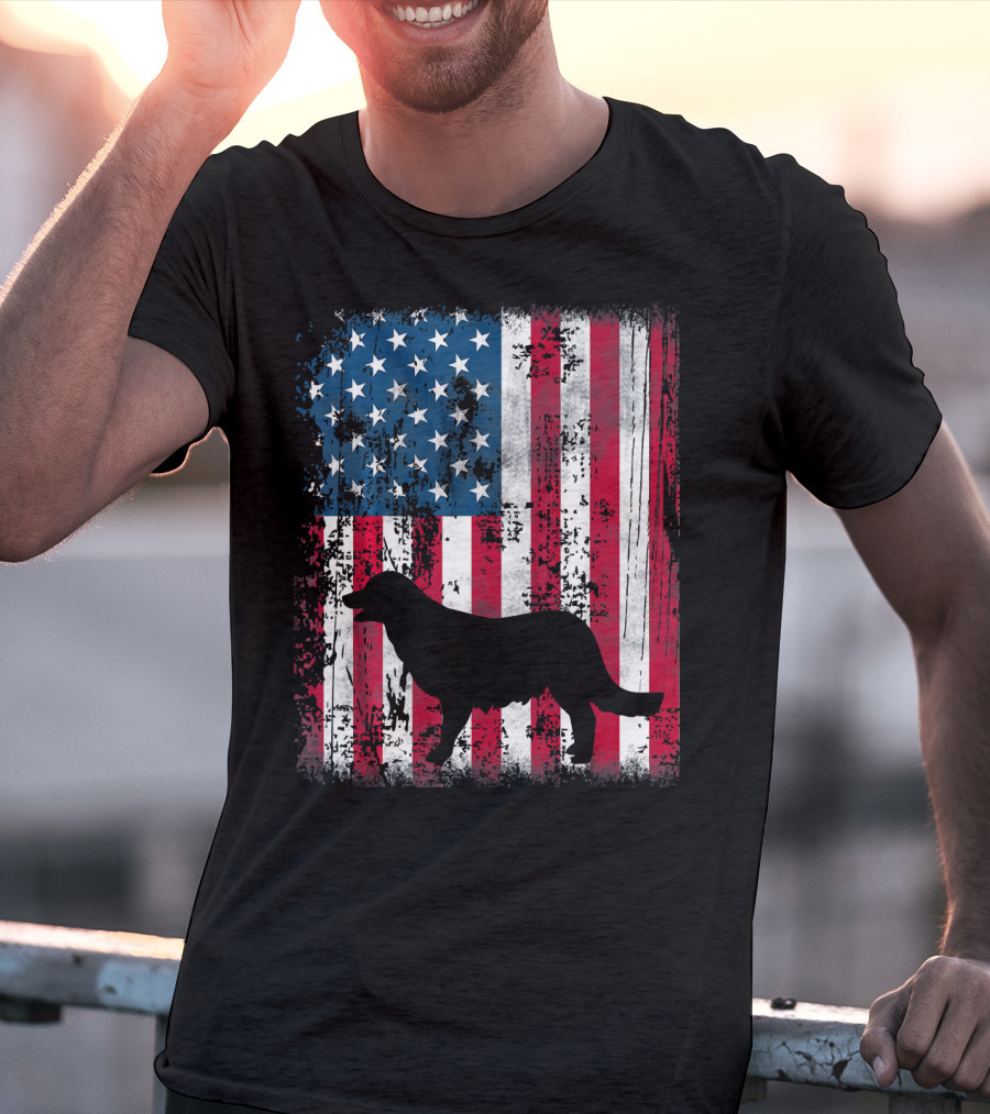 Golden Retriever Silhouette Over American Flag USA T-Shirt
