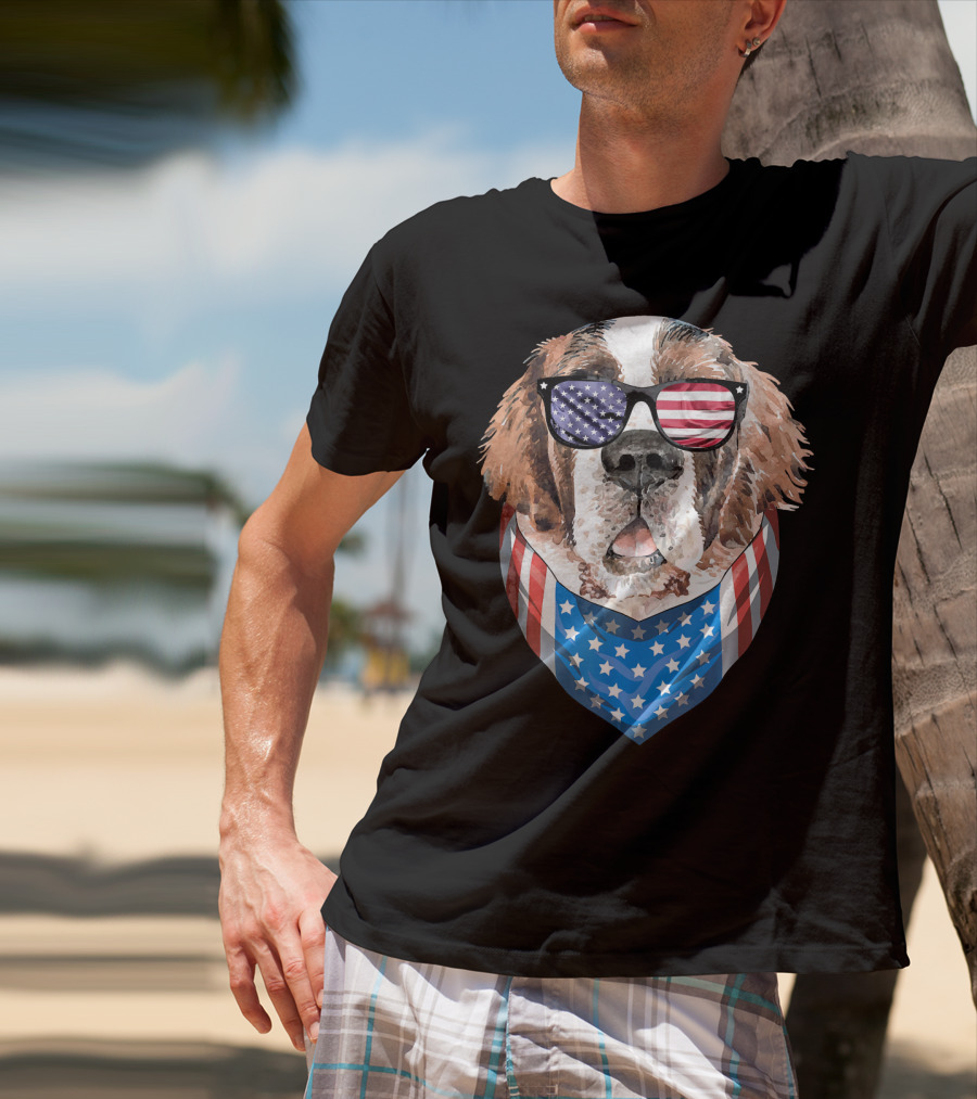 Fourth Of July American Flag Dog Sunglasses Bandana T-Shirt