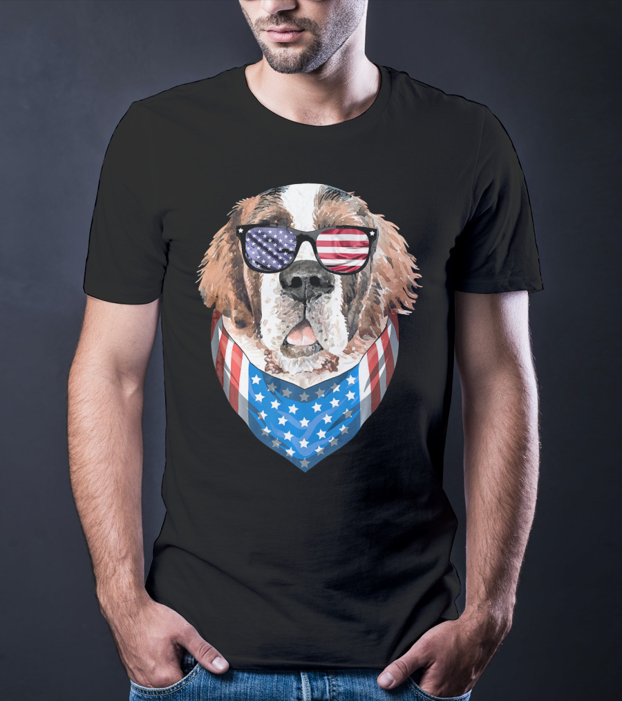 Fourth Of July American Flag Dog Sunglasses Bandana T-Shirt