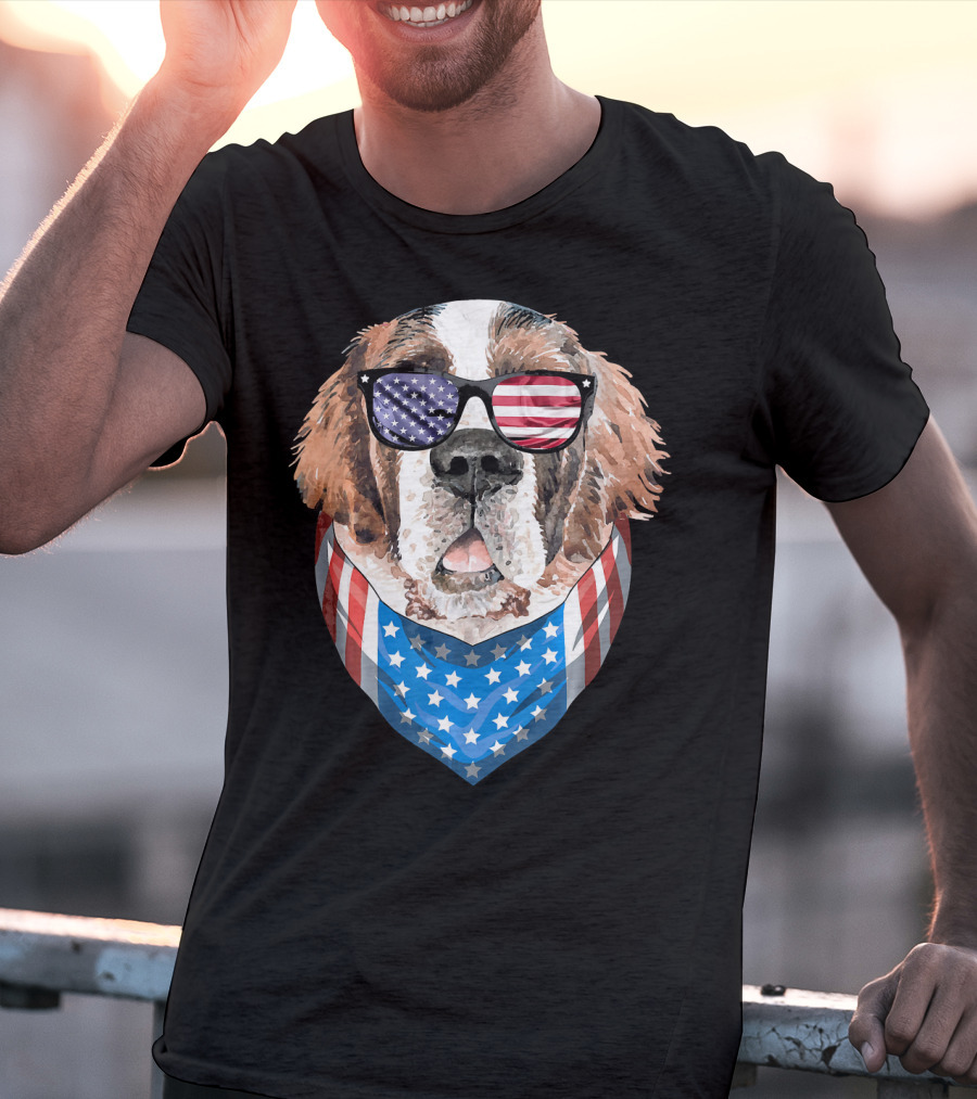Fourth Of July American Flag Dog Sunglasses Bandana T-Shirt