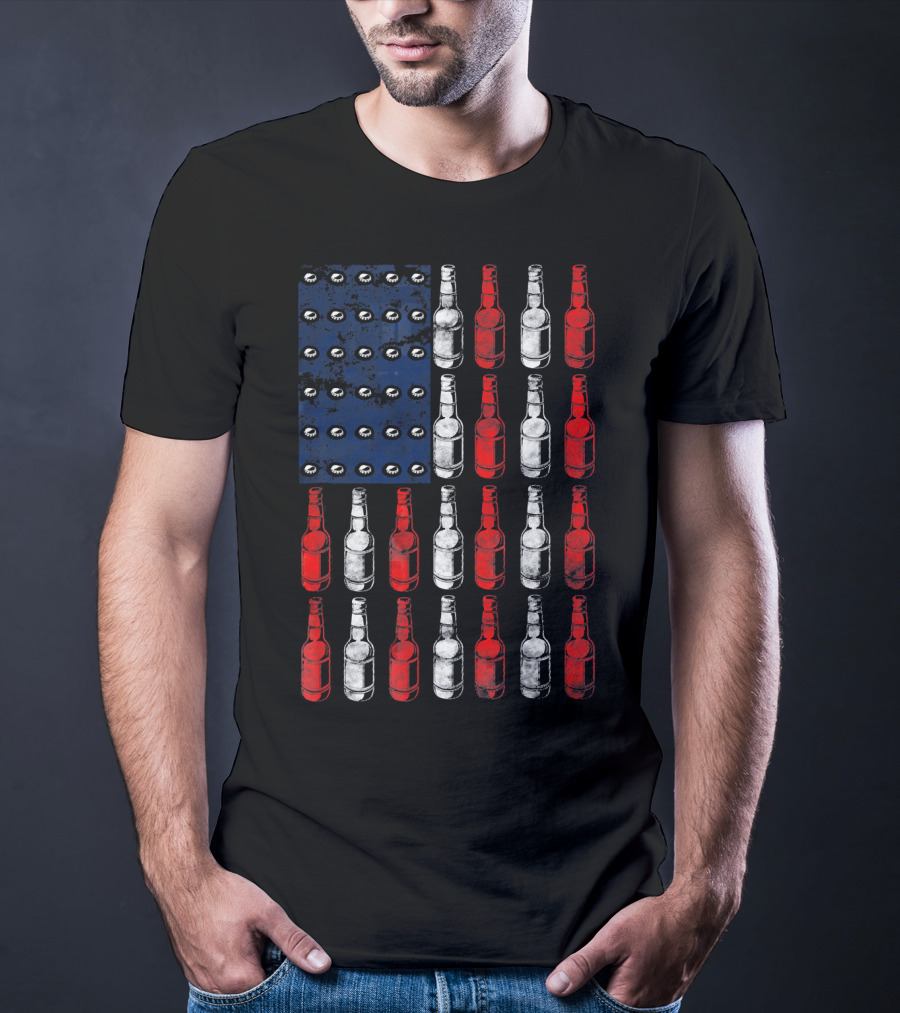 Patriotic American Flag Made Of Beer Bottles In Red White Blue T-Shirt