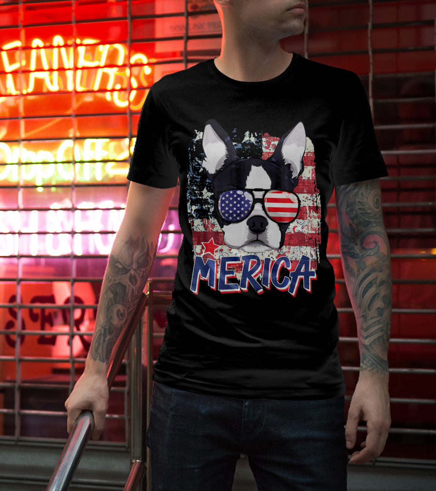 Merica Boston Terrier American Flag Sunglasses T-Shirt