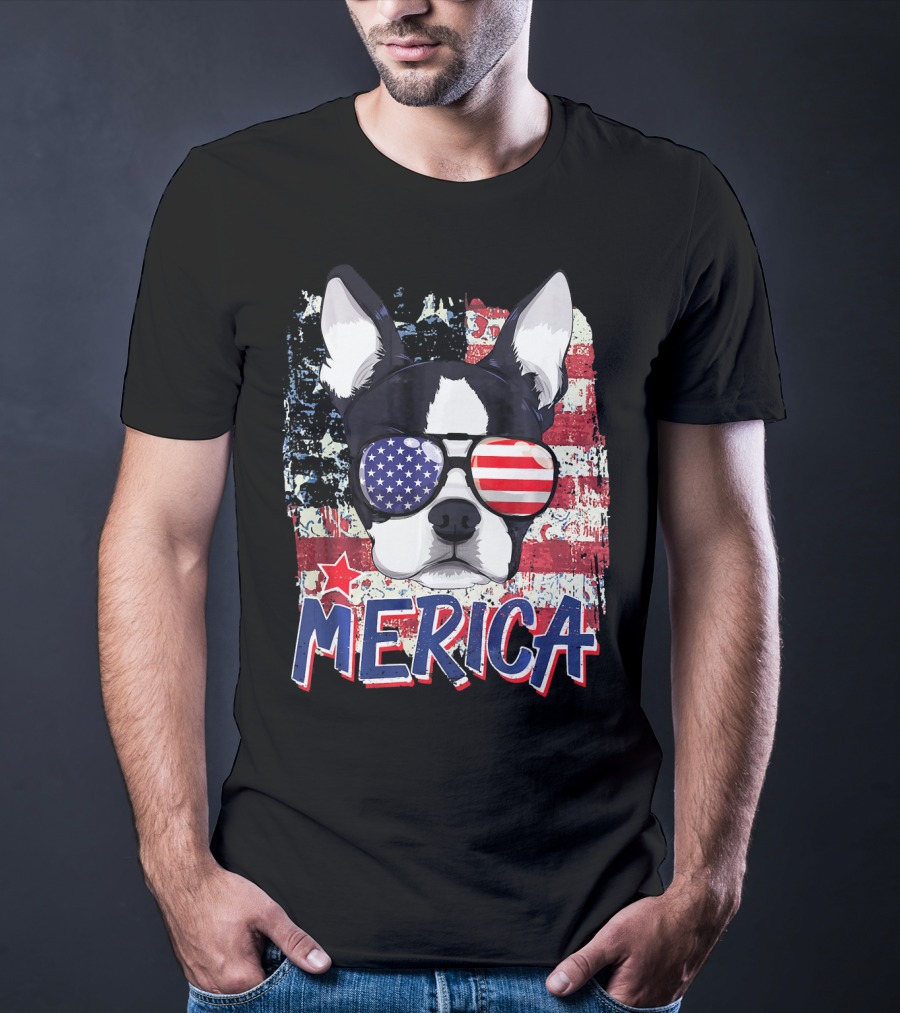Merica Boston Terrier American Flag Sunglasses T-Shirt
