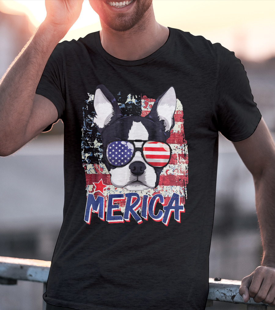 Merica Boston Terrier American Flag Sunglasses T-Shirt