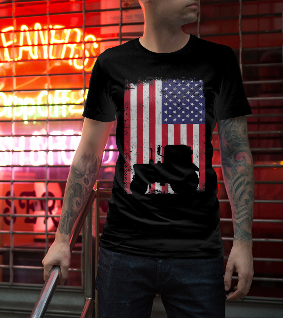 Tractor Silhouette Against Distressed American Flag Patriotic T-Shirt