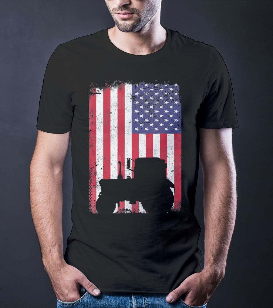 Tractor Silhouette Against Distressed American Flag Patriotic T-Shirt