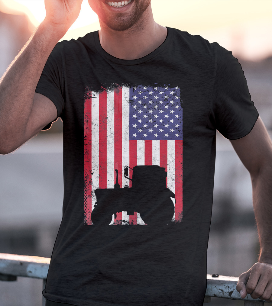 Tractor Silhouette Against Distressed American Flag Patriotic T-Shirt