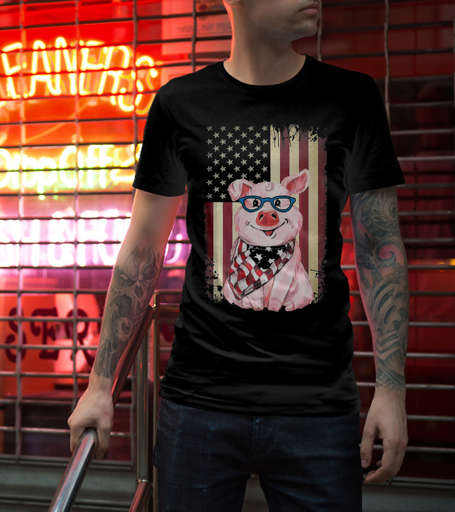 American Flag Pig With Glasses And Bandana T-Shirt