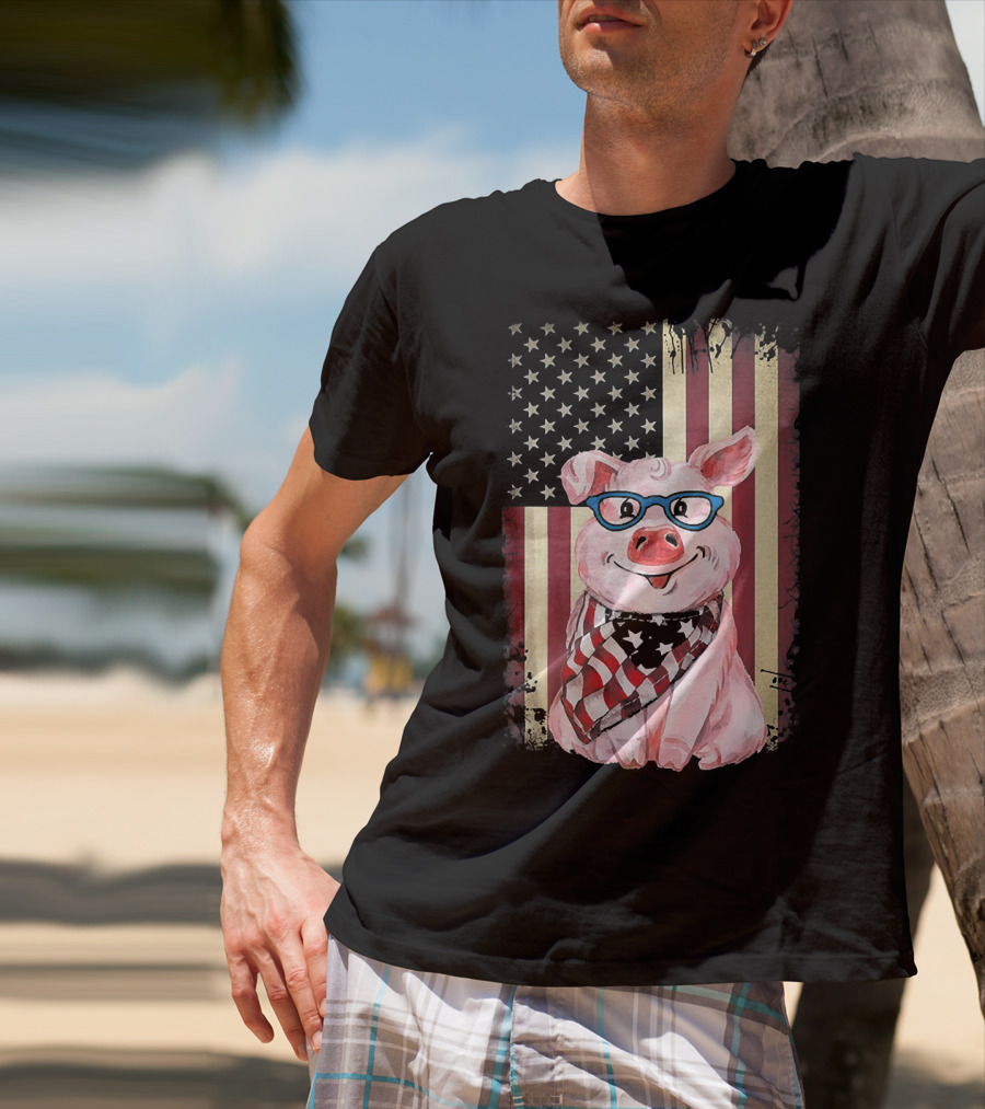 American Flag Pig With Glasses And Bandana T-Shirt