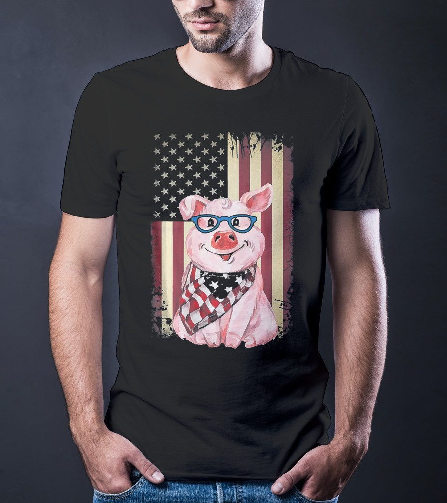 American Flag Pig With Glasses And Bandana T-Shirt