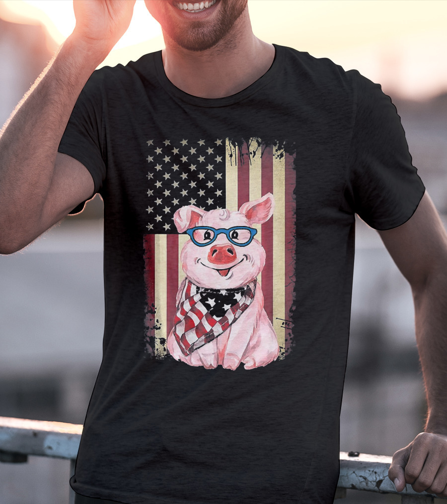 American Flag Pig With Glasses And Bandana T-Shirt