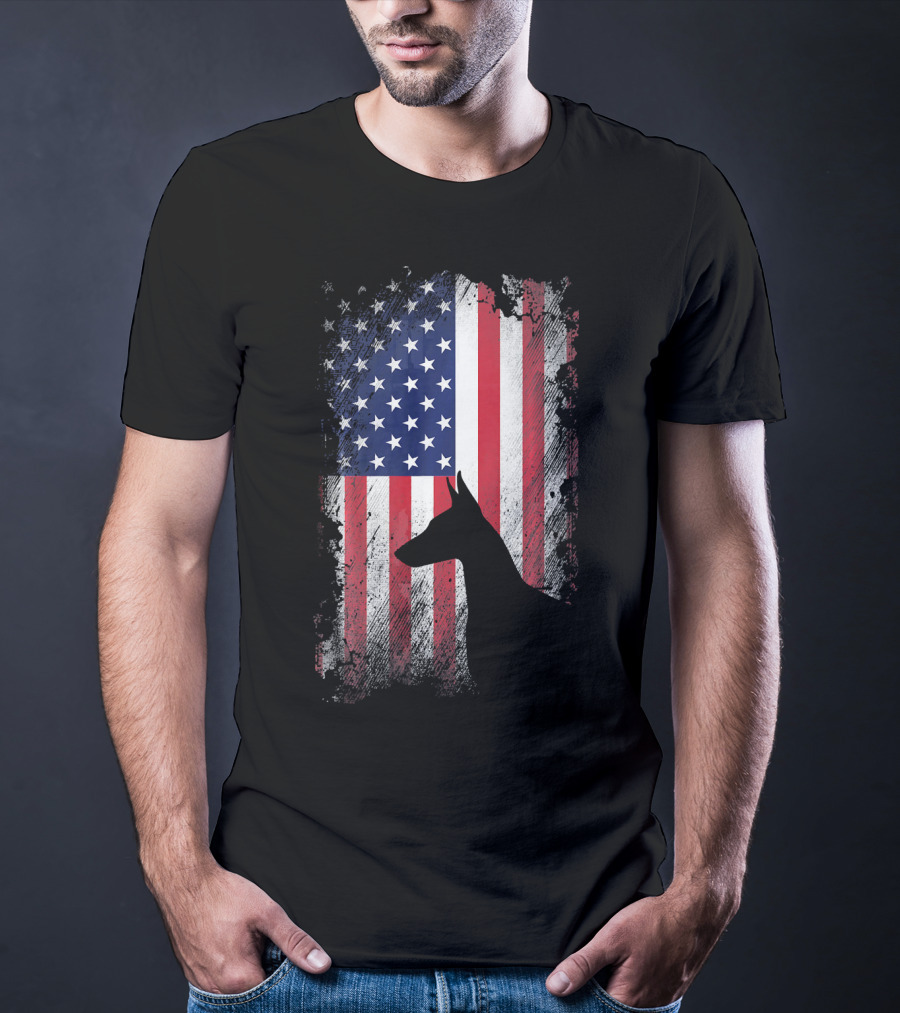 Doberman Pinscher Silhouette With American Flag Background T-Shirt