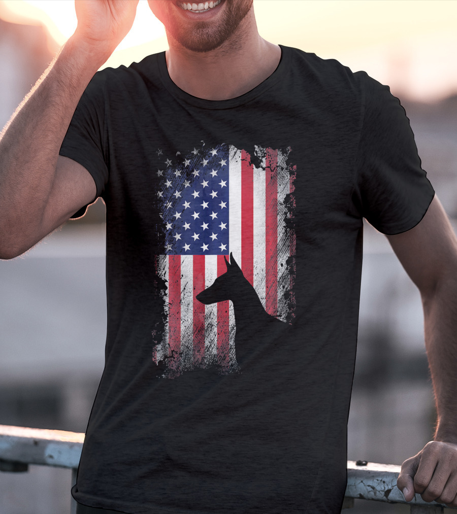 Doberman Pinscher Silhouette With American Flag Background T-Shirt