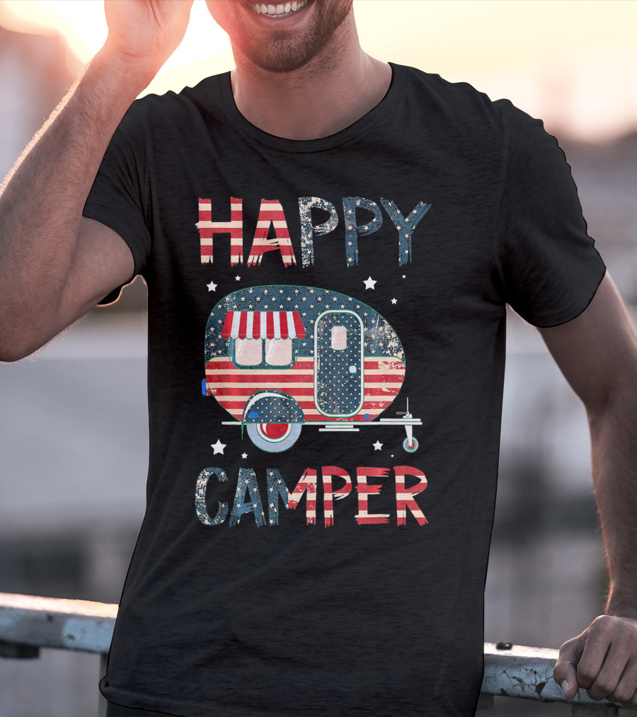 Happy Camper Stars And Stripes American Flag Patriotic T-Shirt