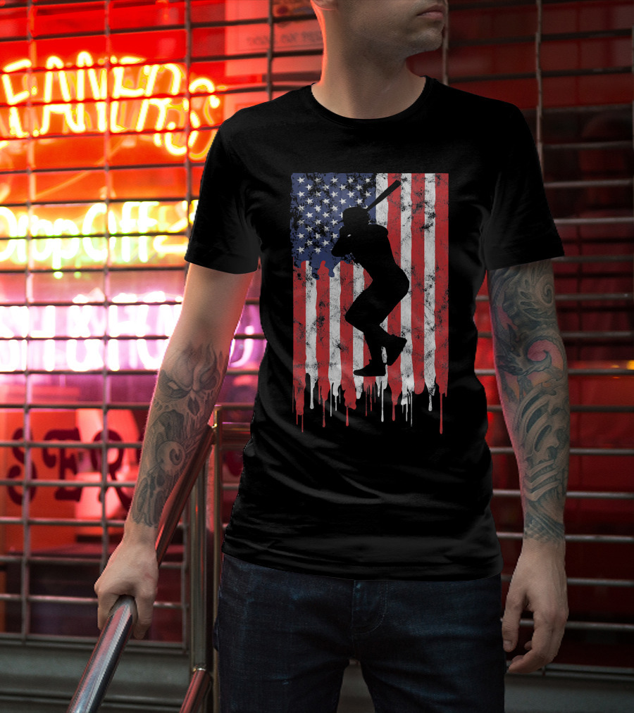 Vintage Baseball Batter Silhouette On Dripping American Flag Background T-Shirt