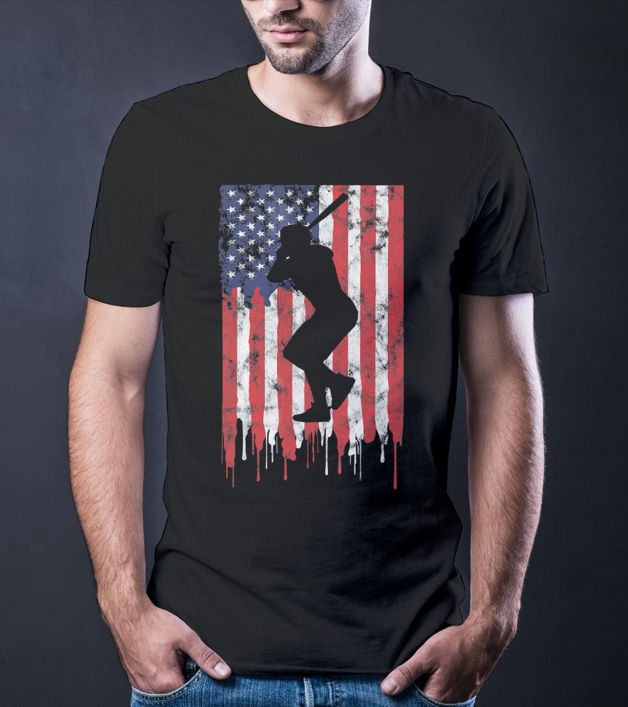 Vintage Baseball Batter Silhouette On Dripping American Flag Background T-Shirt