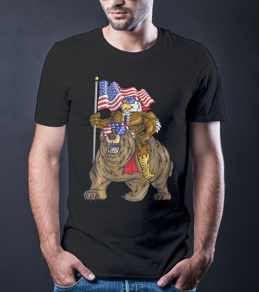 American Flag-Waving Bald Eagle Riding Bear With Sunglasses T-Shirt