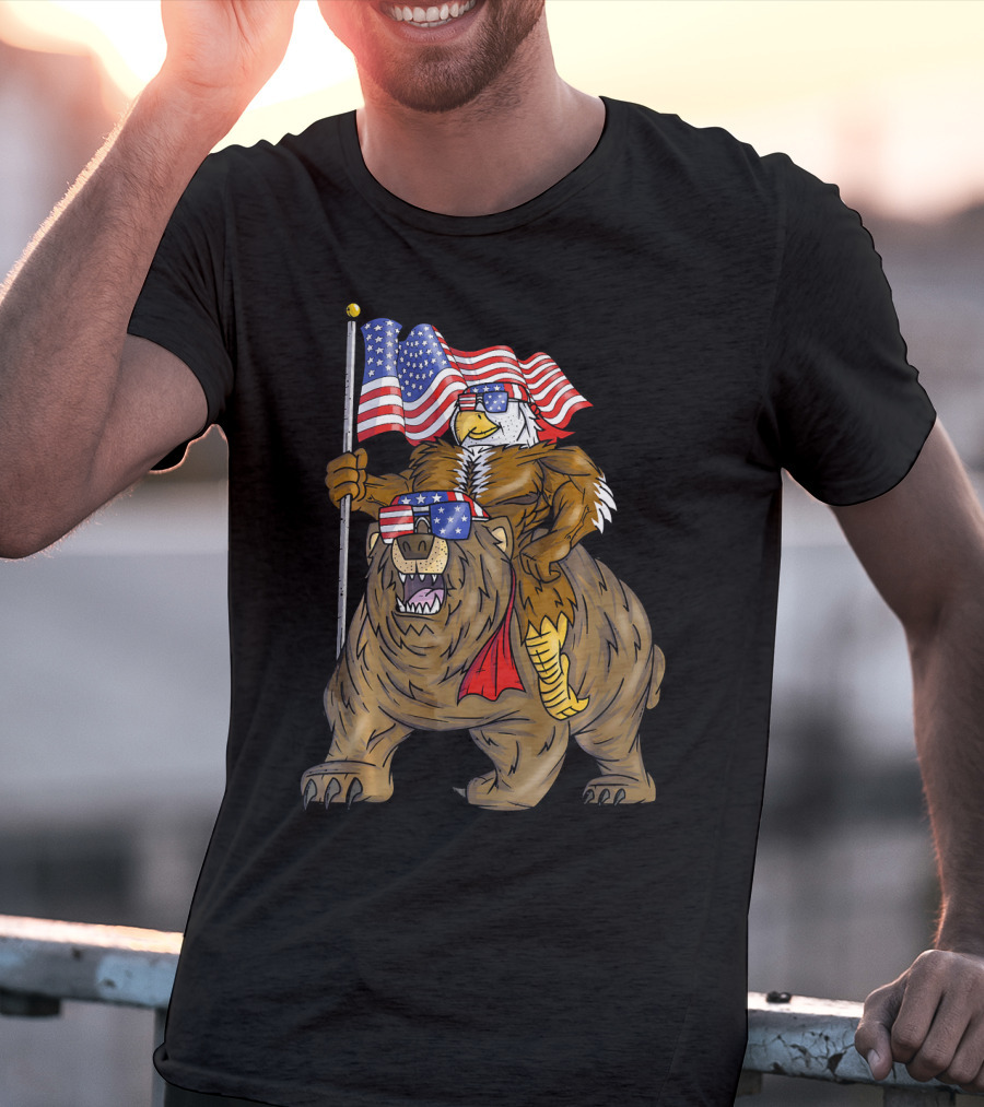 American Flag-Waving Bald Eagle Riding Bear With Sunglasses T-Shirt