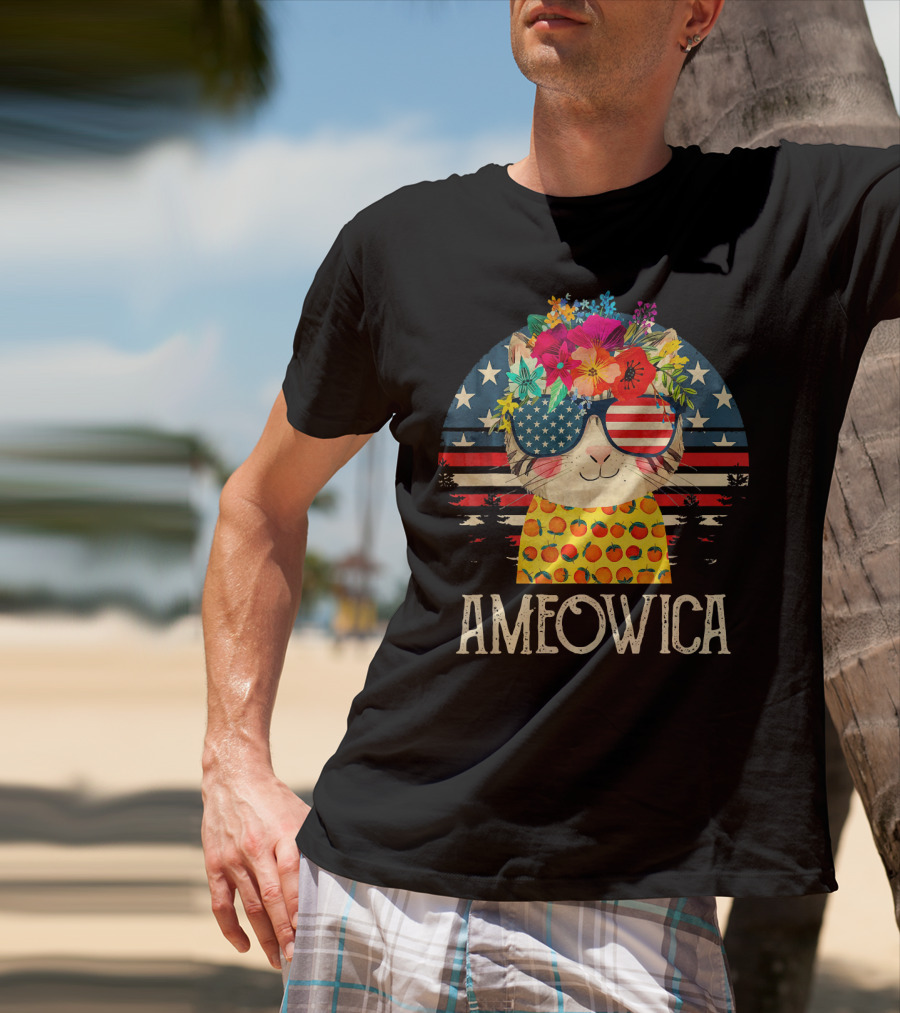 Ameowica Cute Cat With American Flag Glasses And Floral Crown T-Shirt