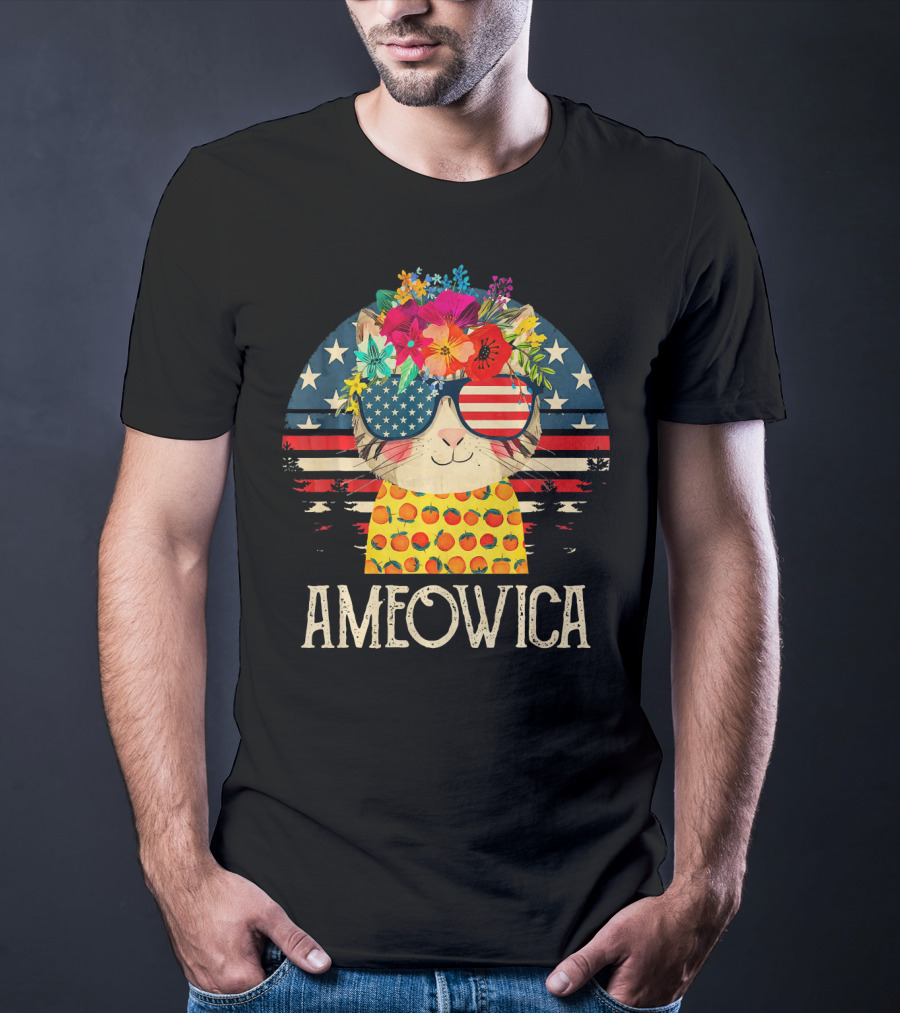 Ameowica Cute Cat With American Flag Glasses And Floral Crown T-Shirt