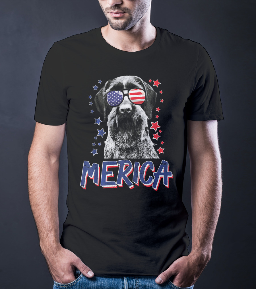 Merica German Wirehaired Pointer Dog With American Flag Sunglasses And Stars T-Shirt