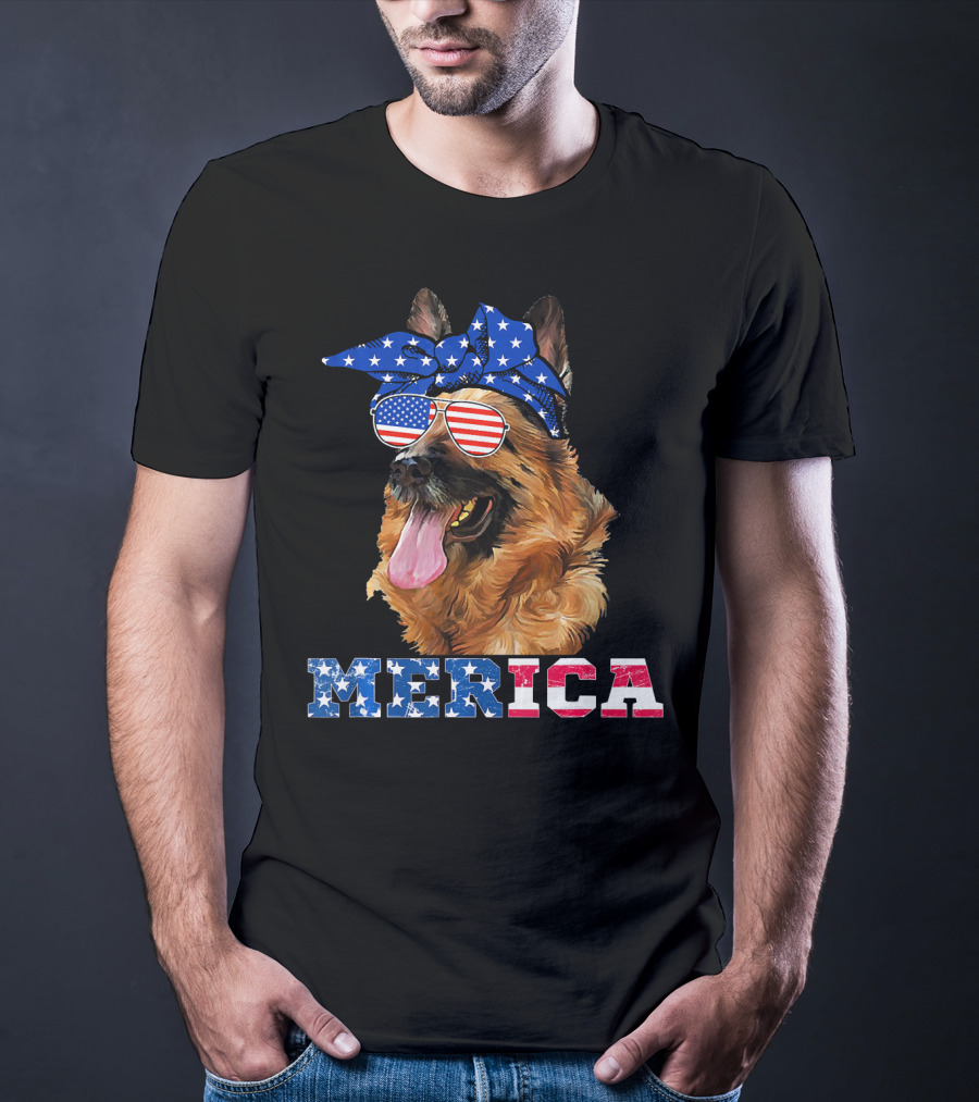 Merica German Shepherd Bandana Sunglasses American Flag T-Shirt