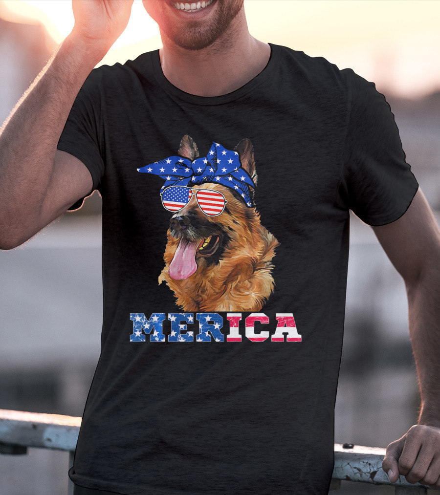Merica German Shepherd Bandana Sunglasses American Flag T-Shirt