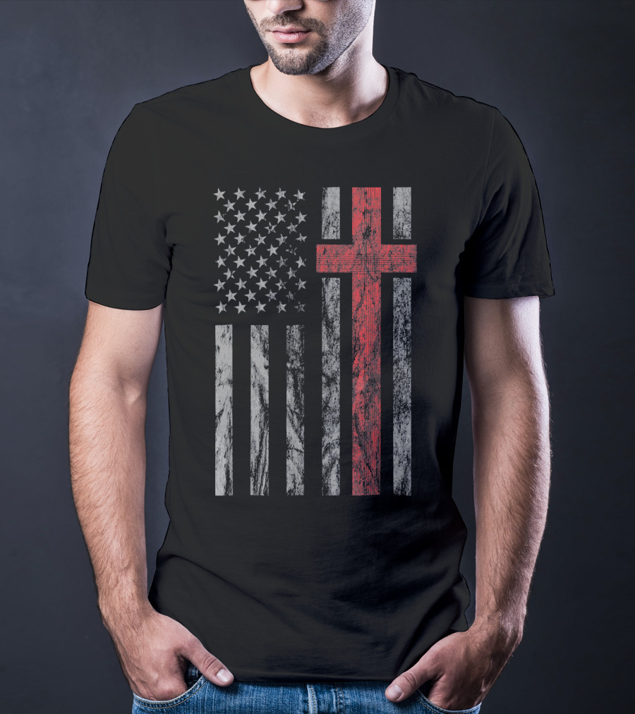 Vintage Distressed USA Flag With Red Christian Cross T-Shirt
