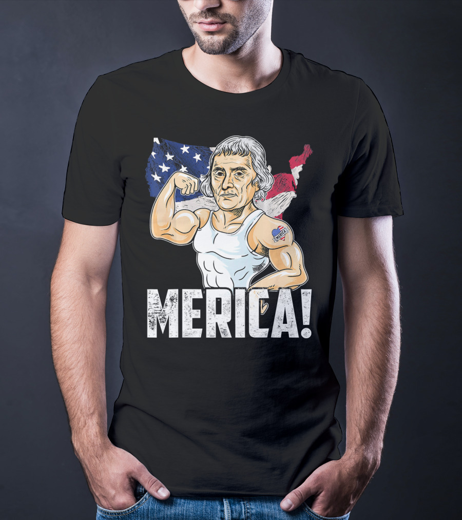 Thomas Jefferson Flexing Muscles Merica USA Flag T-Shirt