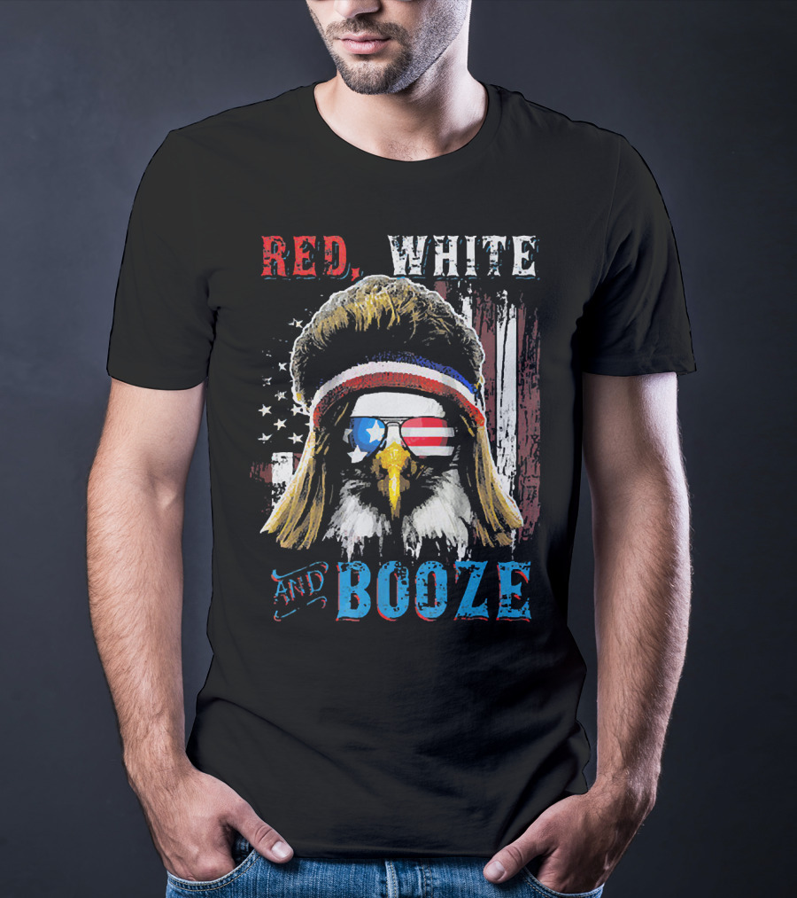 Red White And Booze America Flag Eagle With Sunglasses And Headband T-Shirt