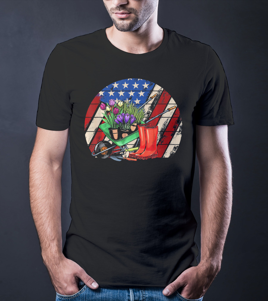Vintage American Flag Gardening Scene With Wheelbarrow And Red Boots T-Shirt