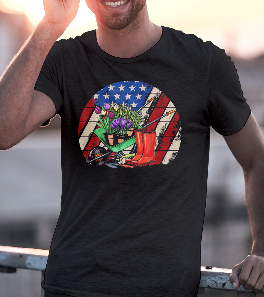 Vintage American Flag Gardening Scene With Wheelbarrow And Red Boots T-Shirt