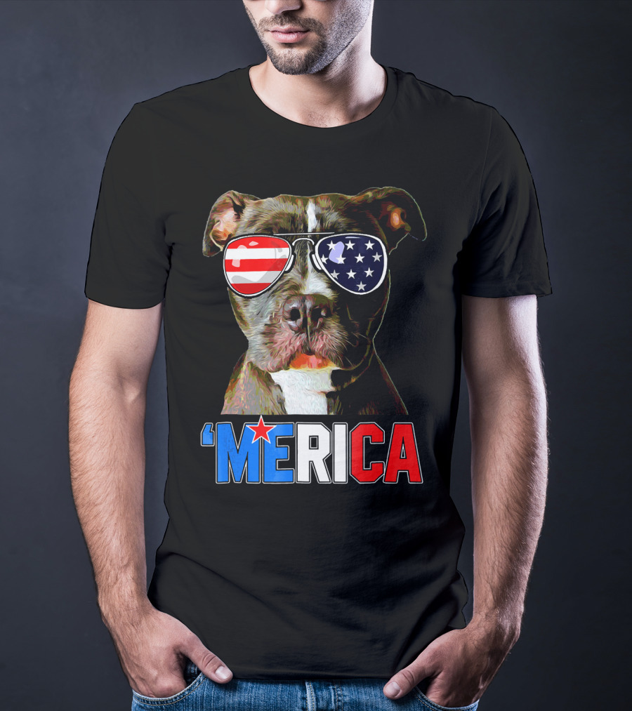 Pitbull 'Merica Memorial Day Patriotic USA Sunglasses T-Shirt