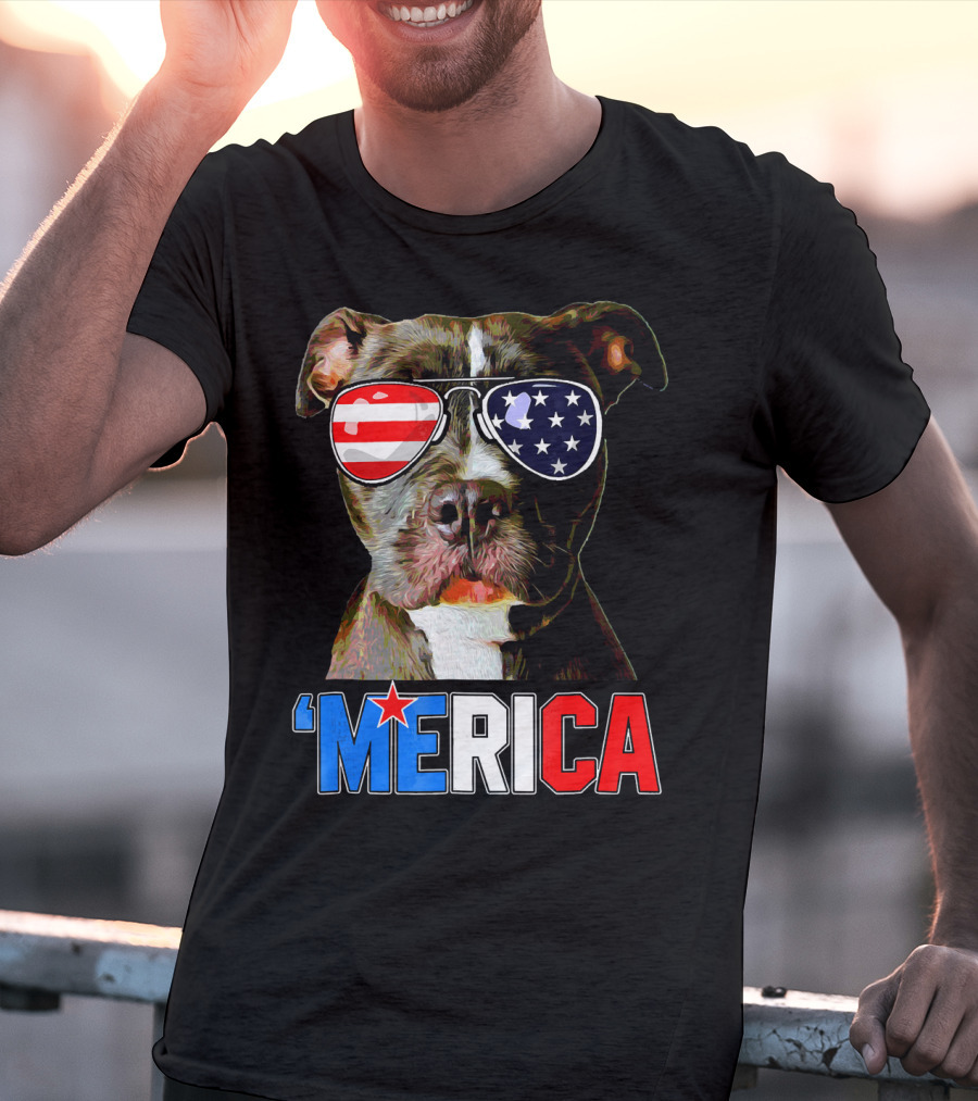 Pitbull 'Merica Memorial Day Patriotic USA Sunglasses T-Shirt