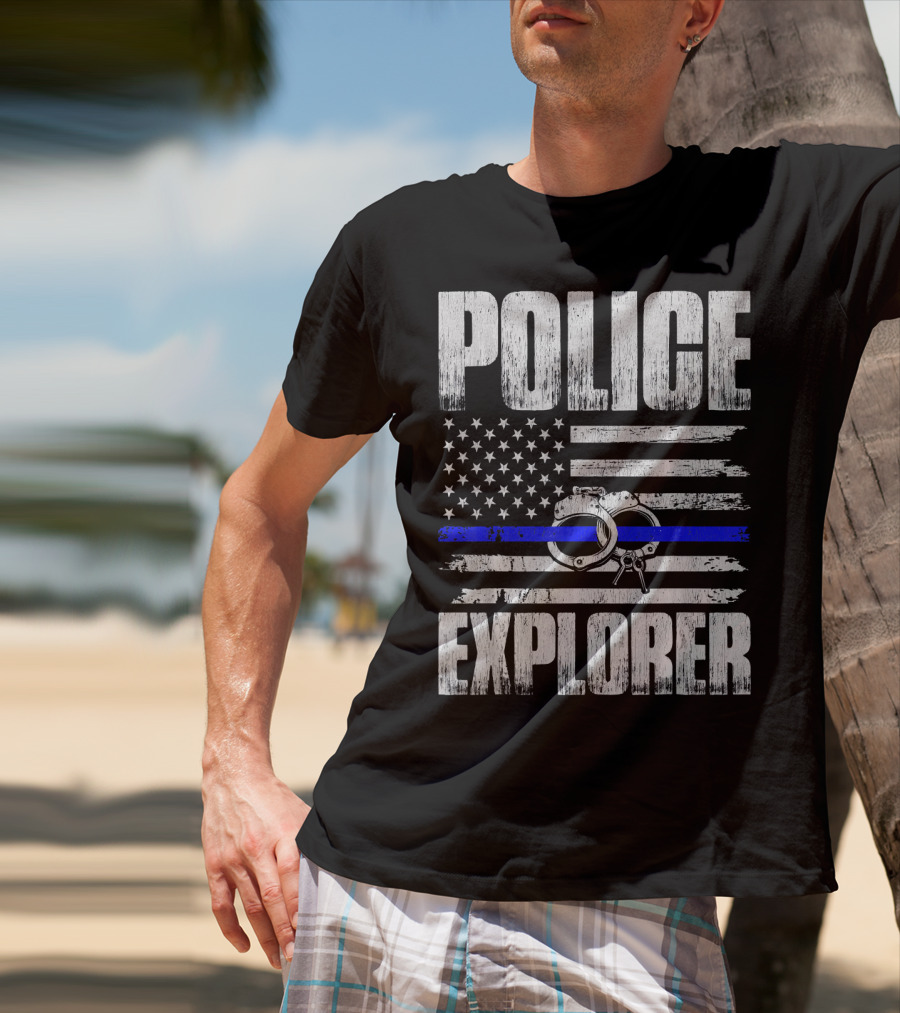 Police Explorer American Flag Handcuffs Thin Blue Line T-Shirt