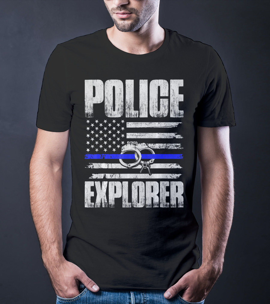 Police Explorer American Flag Handcuffs Thin Blue Line T-Shirt