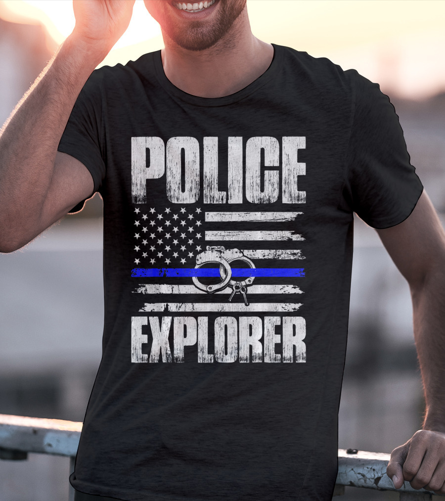 Police Explorer American Flag Handcuffs Thin Blue Line T-Shirt