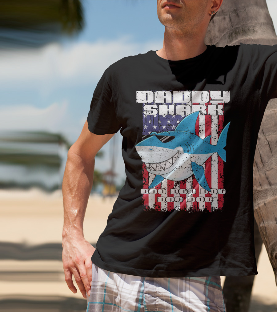 Daddy Shark Doo Doo Doo American Flag T-Shirt