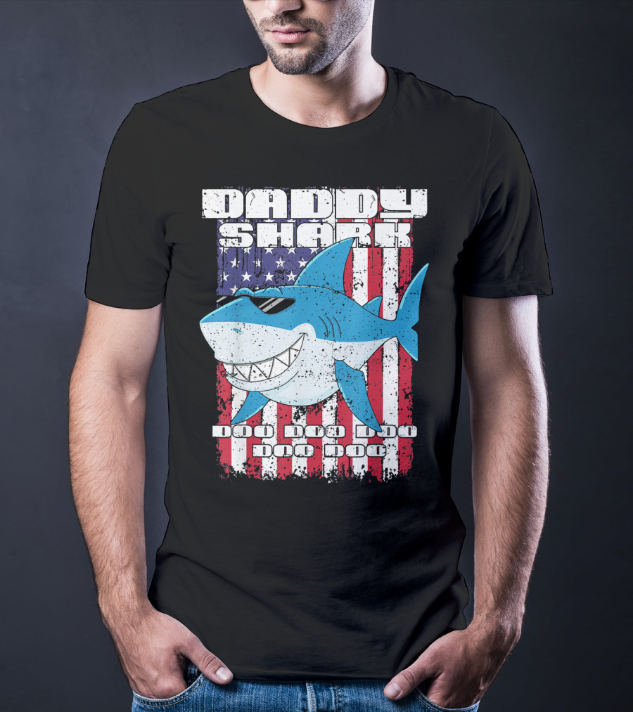 Daddy Shark Doo Doo Doo American Flag T-Shirt