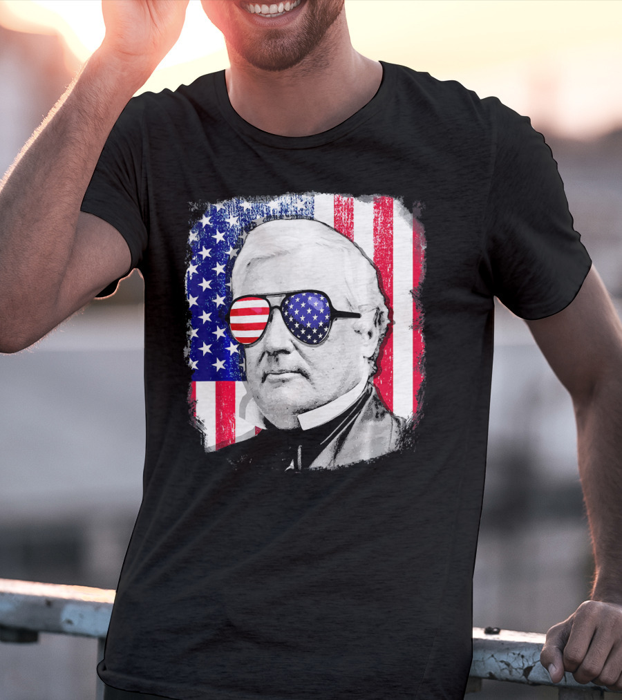 Millard Fillmore Portrait With American Flag Sunglasses And US Flag Background T-Shirt