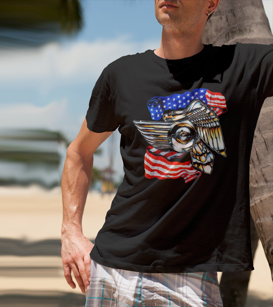 American Motorcycle Biker Eagle Emblem With Flag Wings T-Shirt