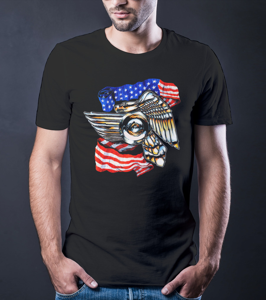 American Motorcycle Biker Eagle Emblem With Flag Wings T-Shirt